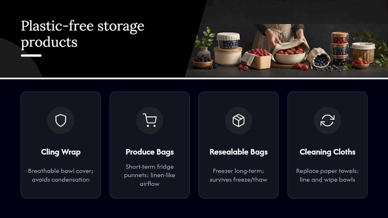 Plastic-free storage products that solve this problem properly — overview diagram