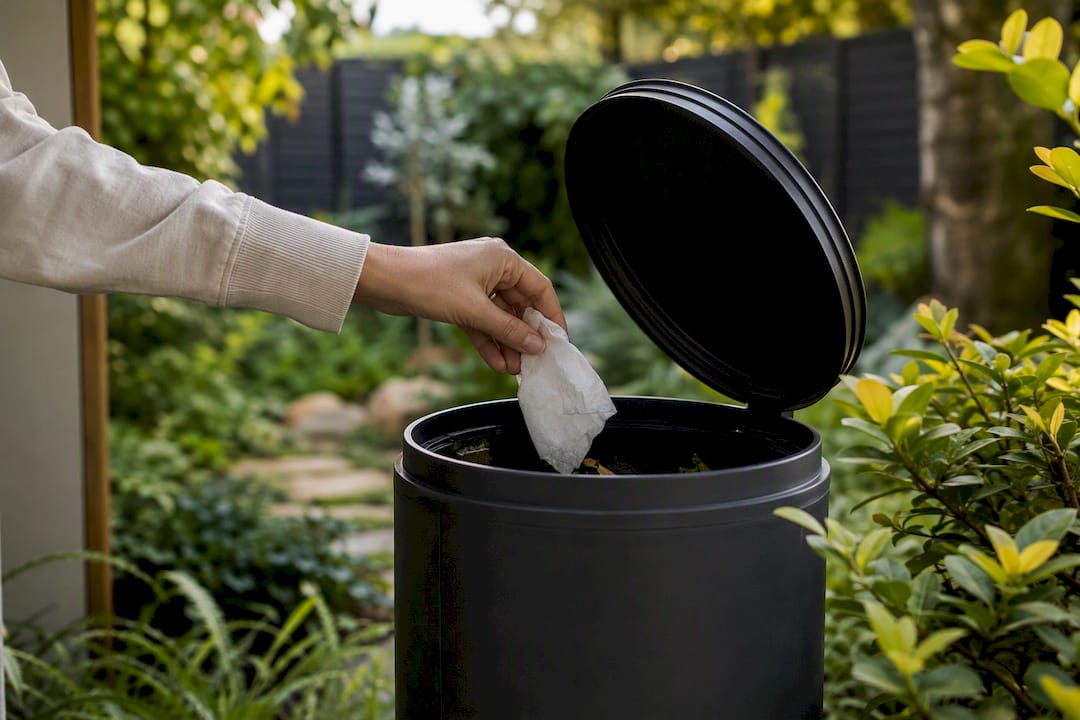Hand discarding wipe into compost bin