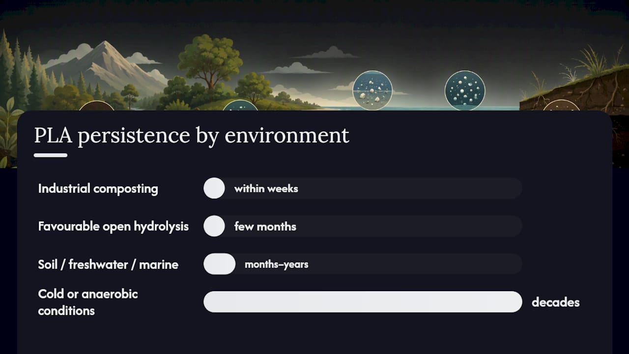 Diagram of PLA microplastic persistence timelines in environments