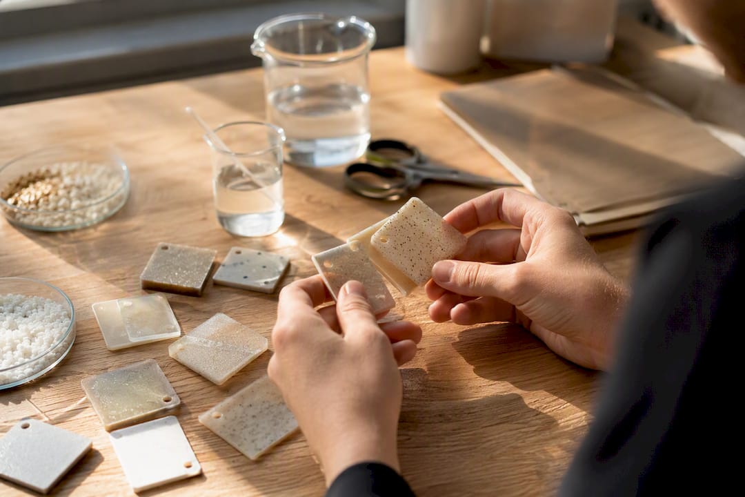 Hands inspecting bio-polymer material samples