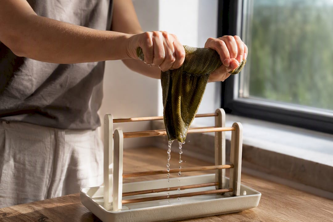 Hands wringing cloth beside an airy drying rack