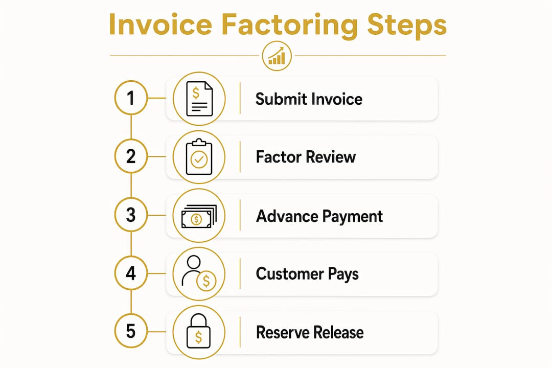 Infographic showing five steps in invoice factoring process