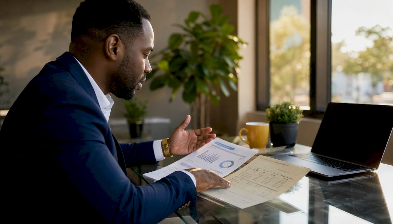 Hands pointing at invoice and credit report documents
