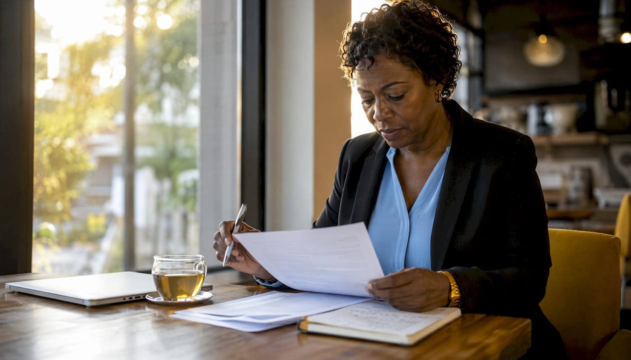 Entrepreneur reviewing business loan documents at table