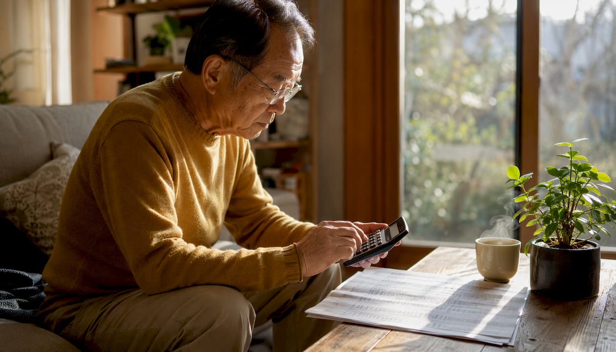 Senior man calculating loan payments at kitchen table