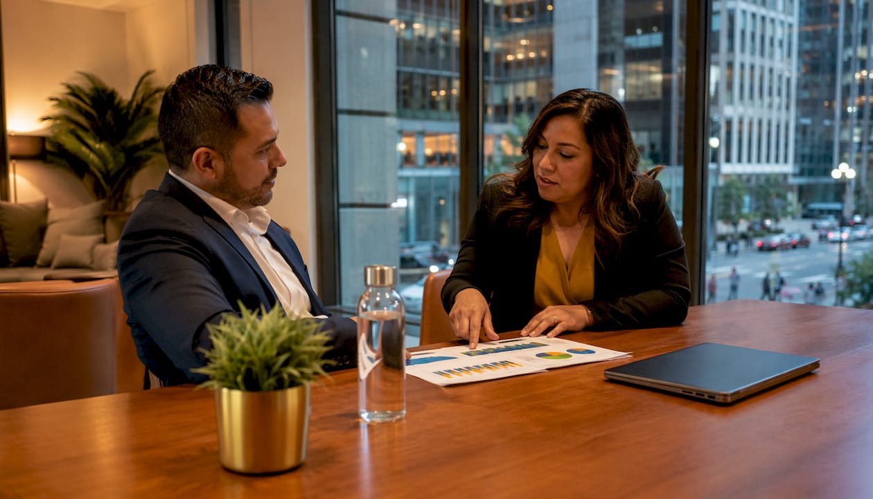 Business partners discussing loan repayment in meeting room