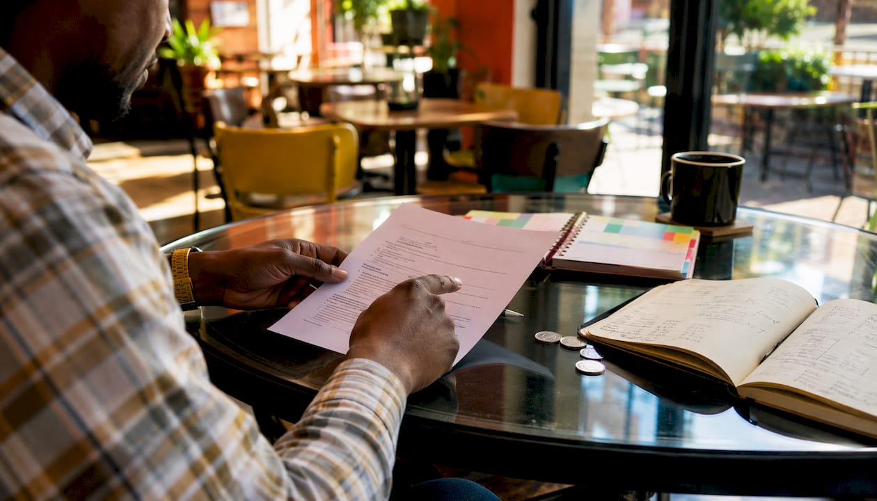 Close-up of hands reviewing loan term documents