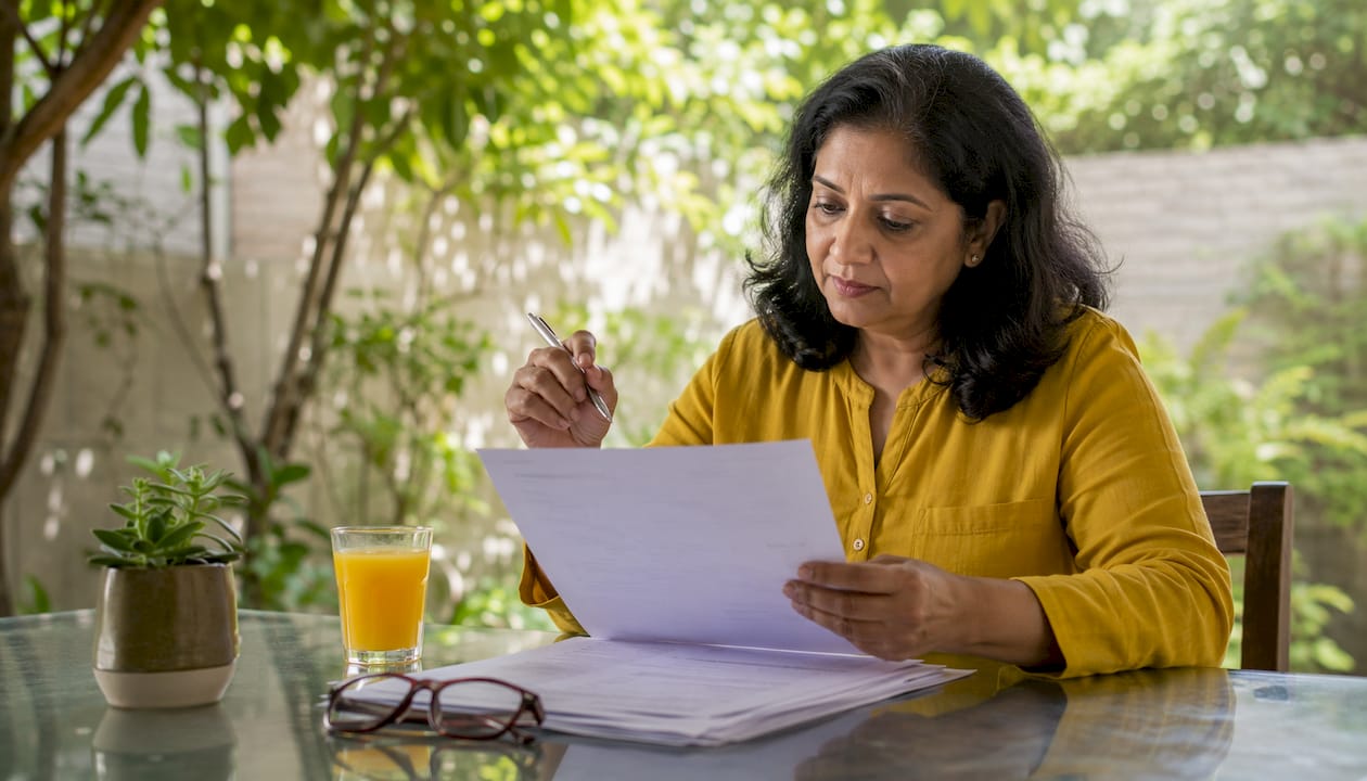 Entrepreneur reviewing bridge loan paperwork at home