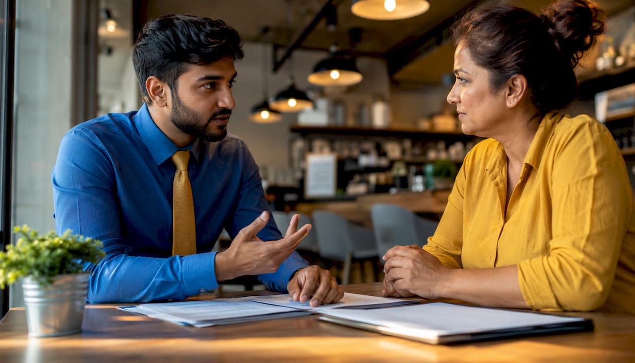 Banker explaining loan steps to client in branch