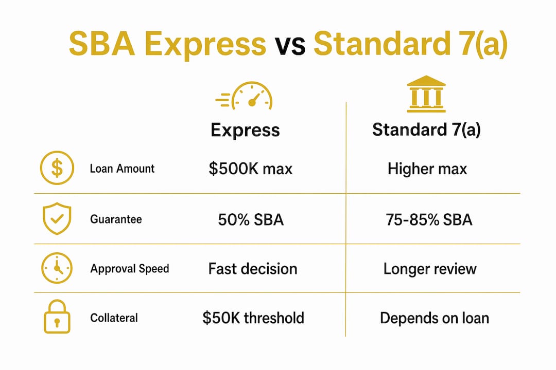Infographic comparing SBA Express and standard 7(a) loans