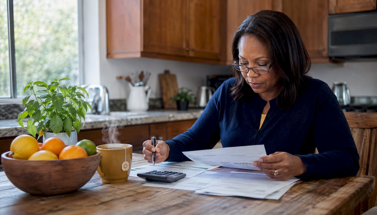 Businesswoman reviewing invoices at desk