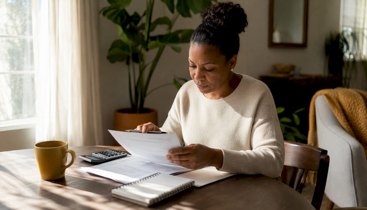 Businesswoman reviewing loan documents at home desk