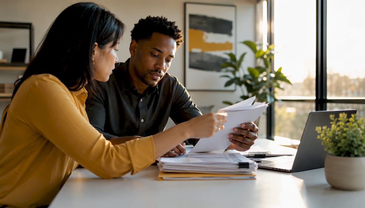 Hands reviewing business financial documents overhead