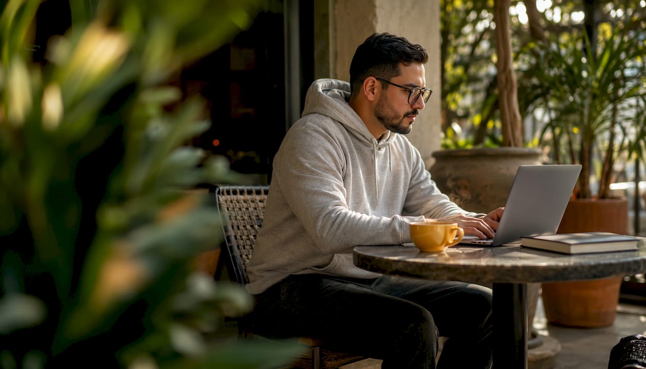 Man typing on laptop at coffee shop table