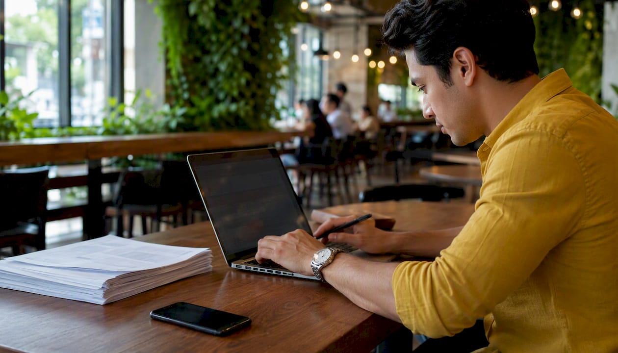 Hands typing on laptop with invoices nearby