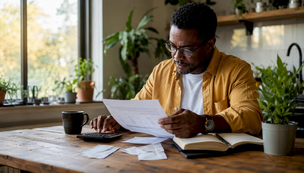 Accountant calculating with ledger and calculator