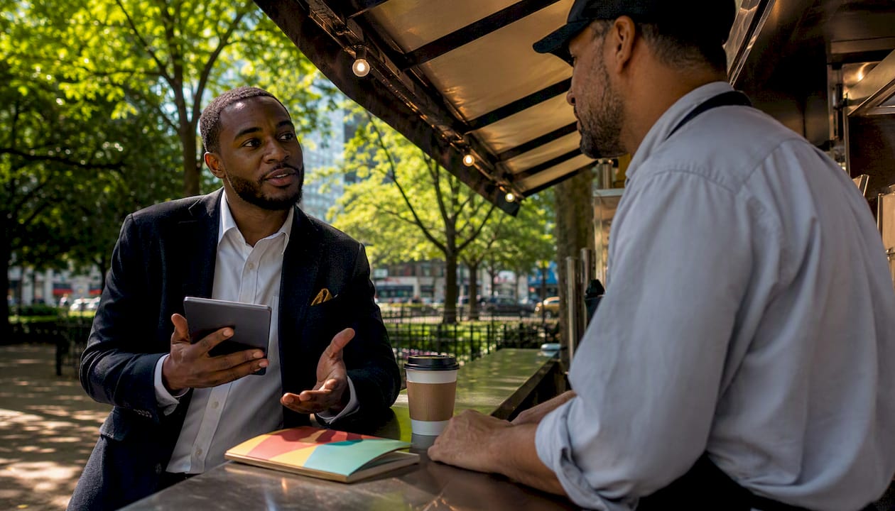 Man discussing variable rates in café setting