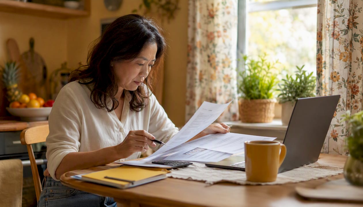 Woman reviewing loan documents at home office desk