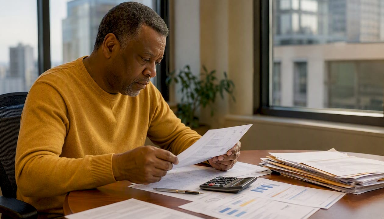 Hands sorting financial documents on table
