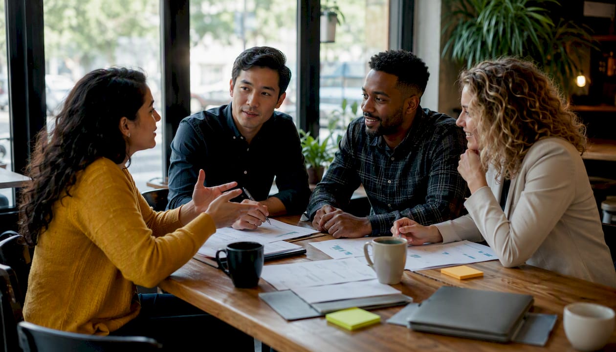 Group discussing loan products in coworking space