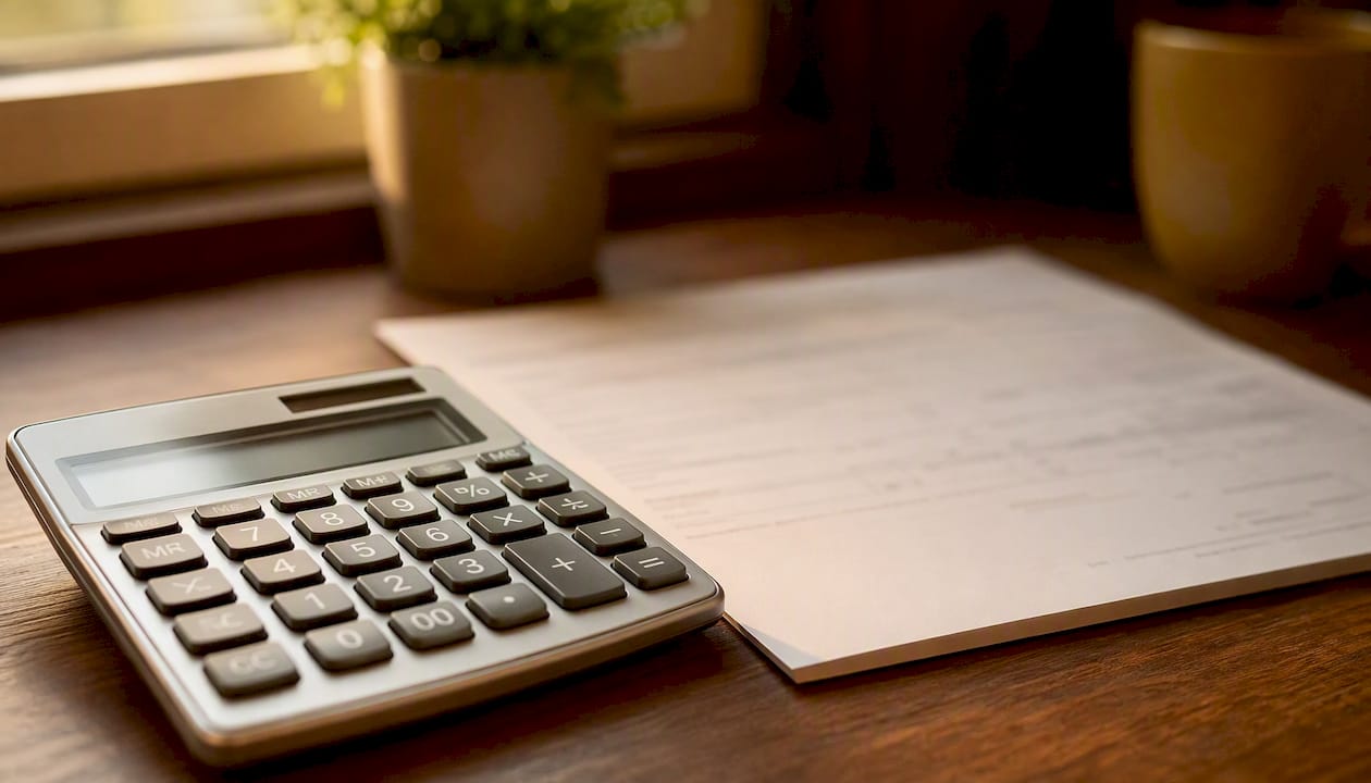 Close-up of calculator and invoice on desk