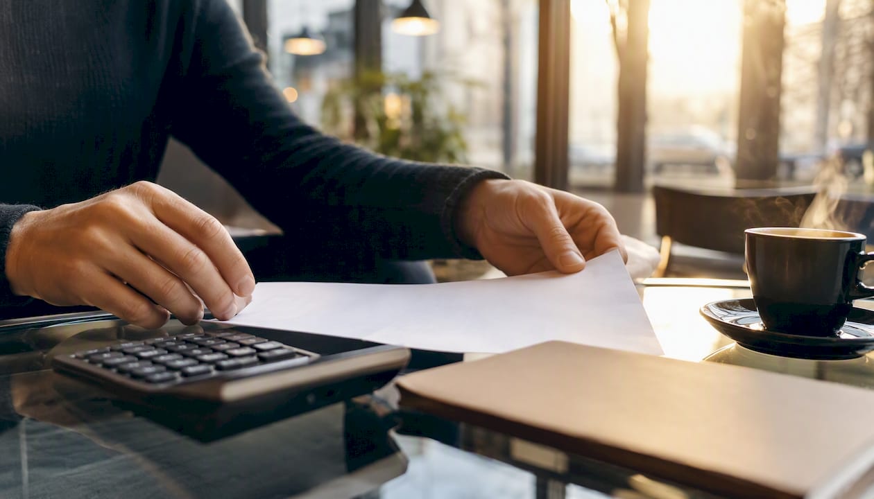 Hands arranging large invoice on desk