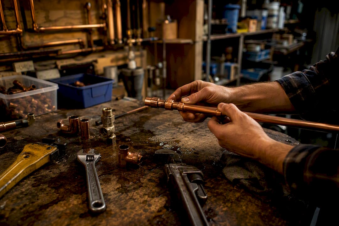 Close-up of hands assembling plumbing pipe with tools