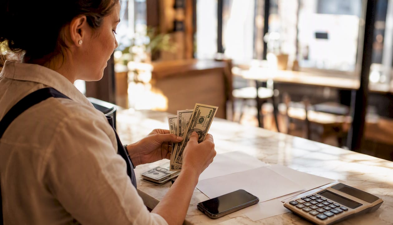 Hands counting cash and loan documents