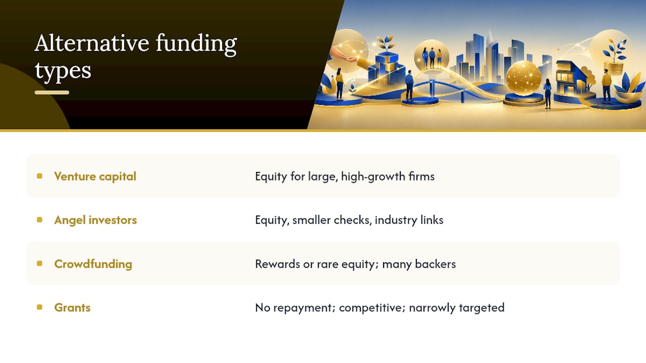 Alternative Funding: Equity, Crowdfunding, and Grants — overview diagram