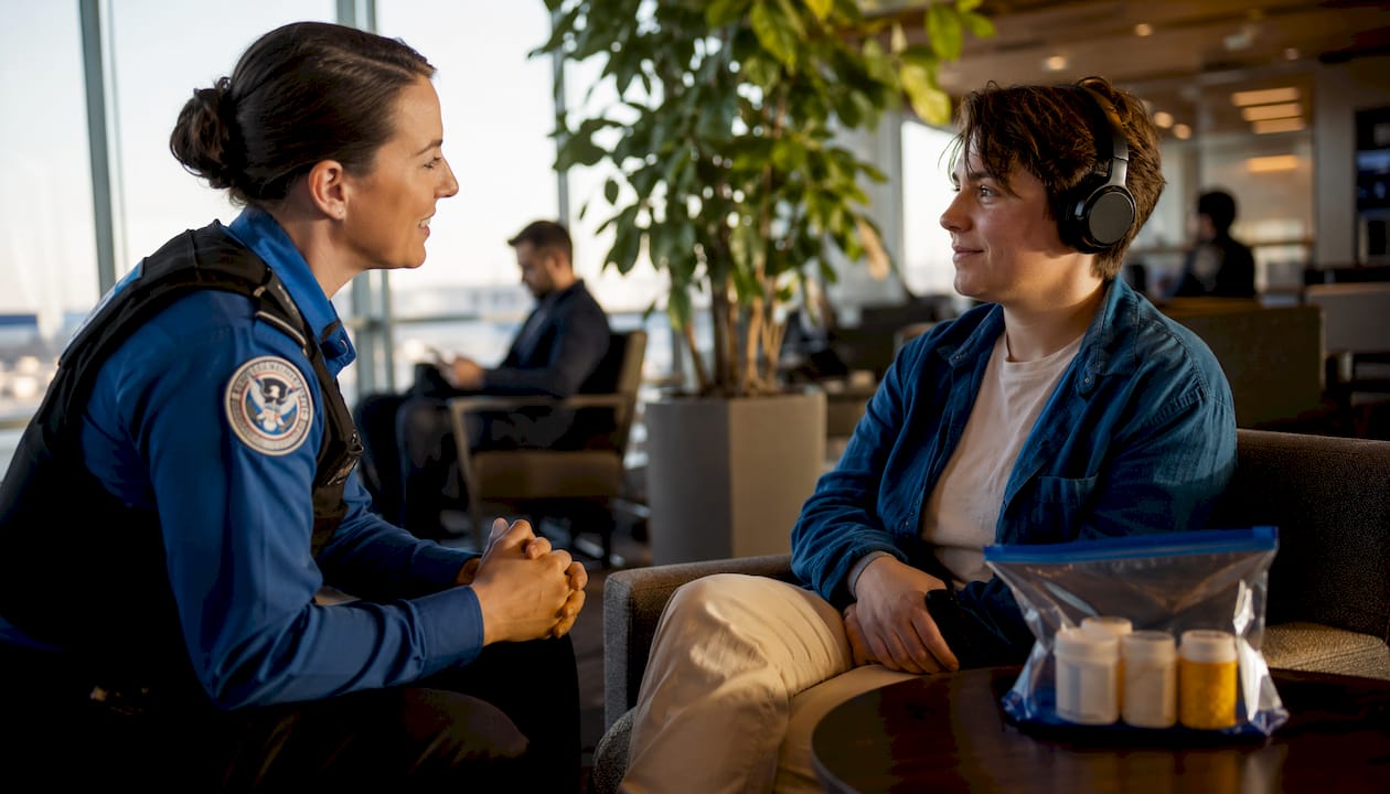 Traveler interacting with TSA officer at checkpoint