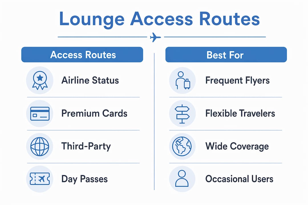 Infographic comparing airport lounge access routes and best users