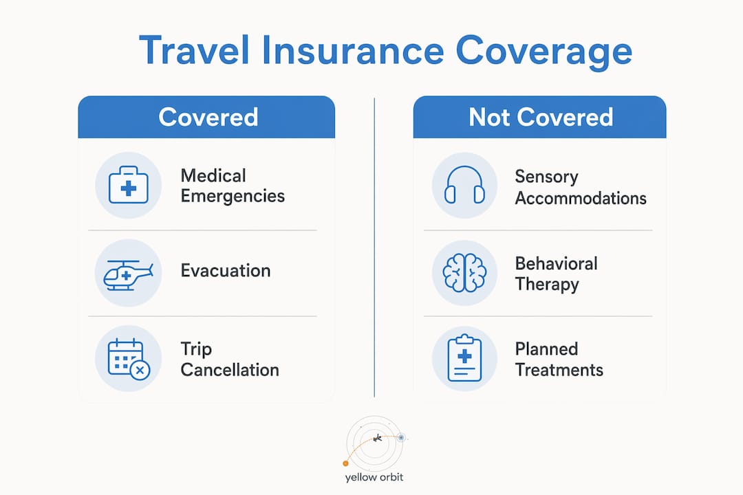 Infographic comparing covered and not covered travel insurance aspects