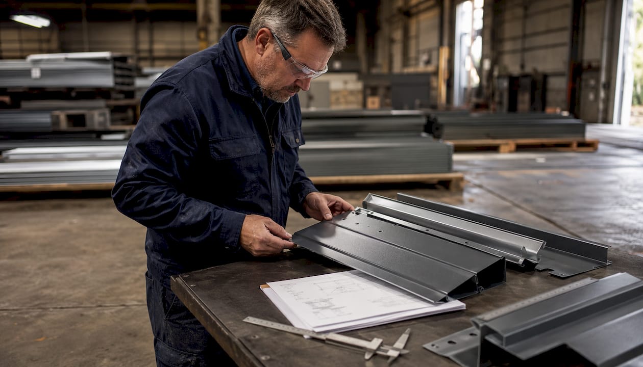 Contractor examining retrofit metal roofing panels