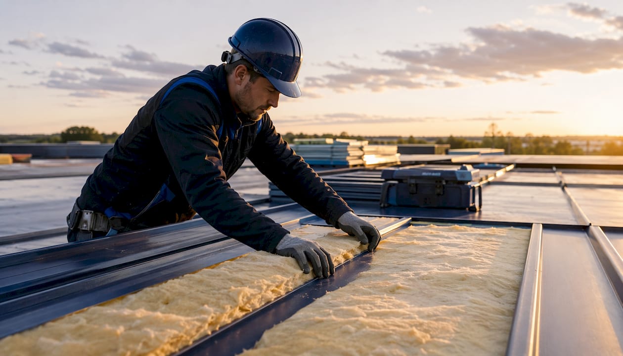 Close-up of installing insulation between metal panels