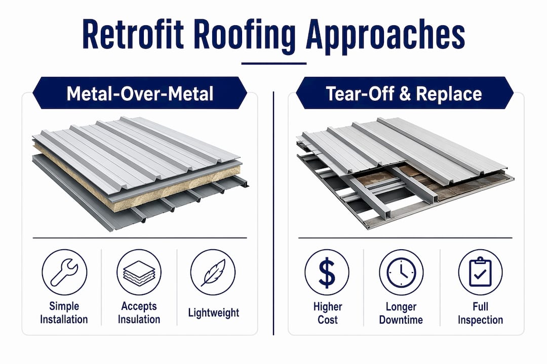 Infographic comparing retrofit metal roofing approaches