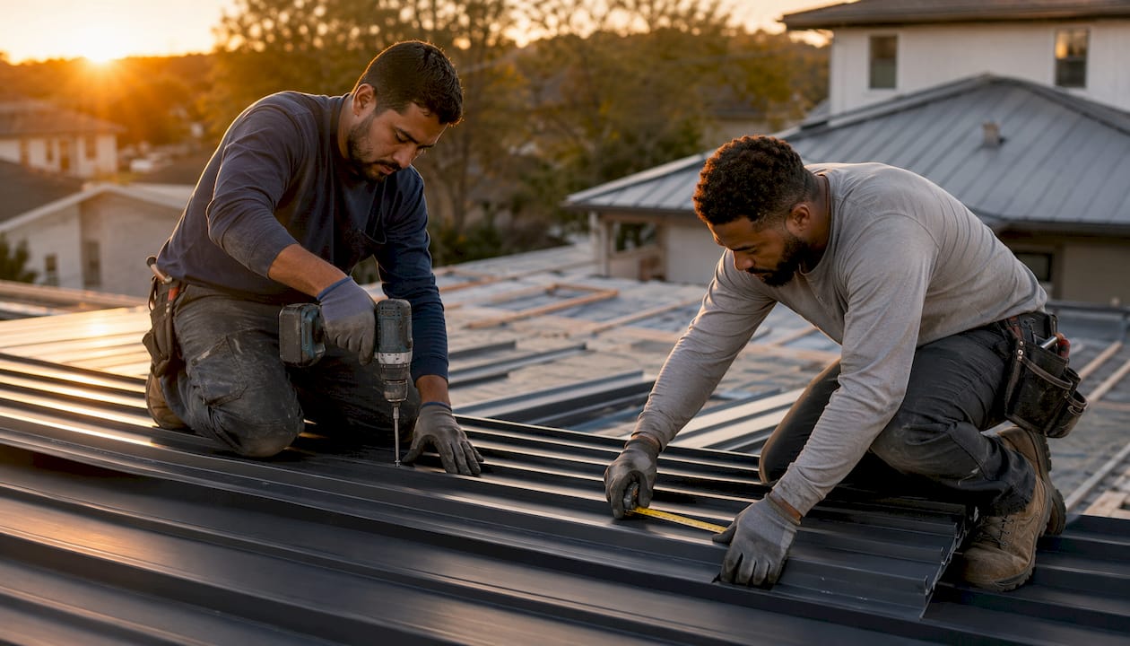 Roofers installing metal panels on rooftop