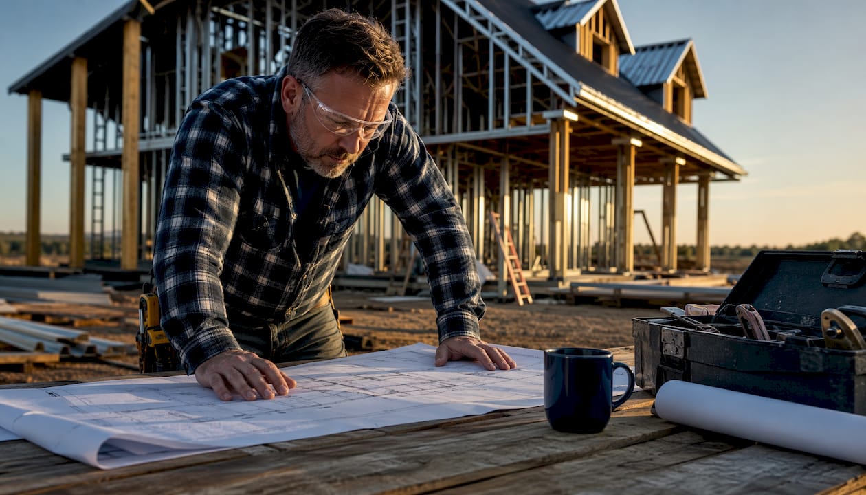 Contractor reviewing metal roof cost plans outdoors