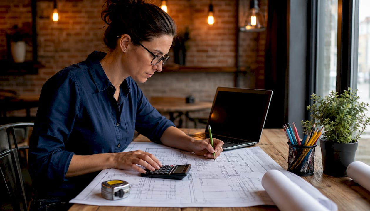 Engineer calculating ridge vent sizing with blueprints