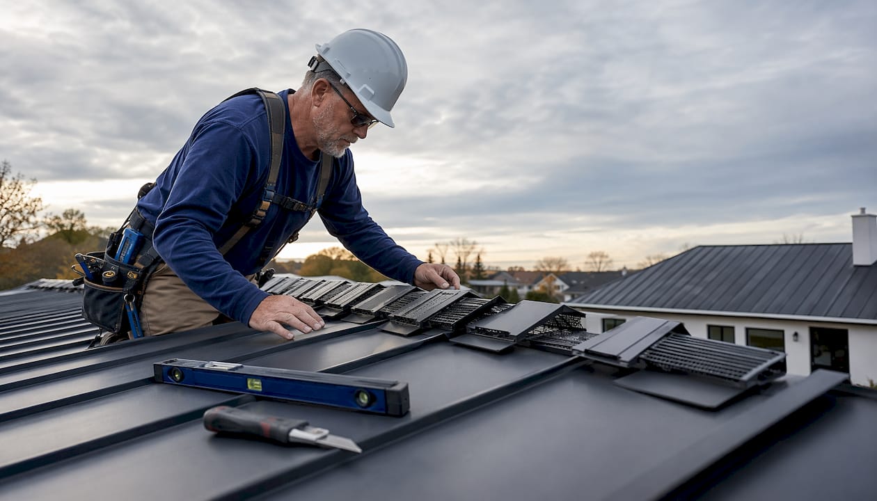 Contractor inspecting ridge vent samples on metal roof