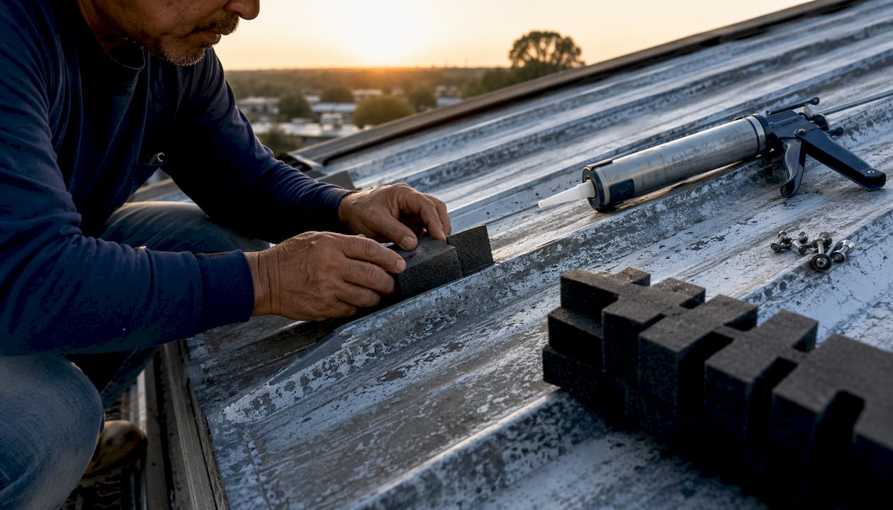 Hands fitting custom foam closure vent on metal roof