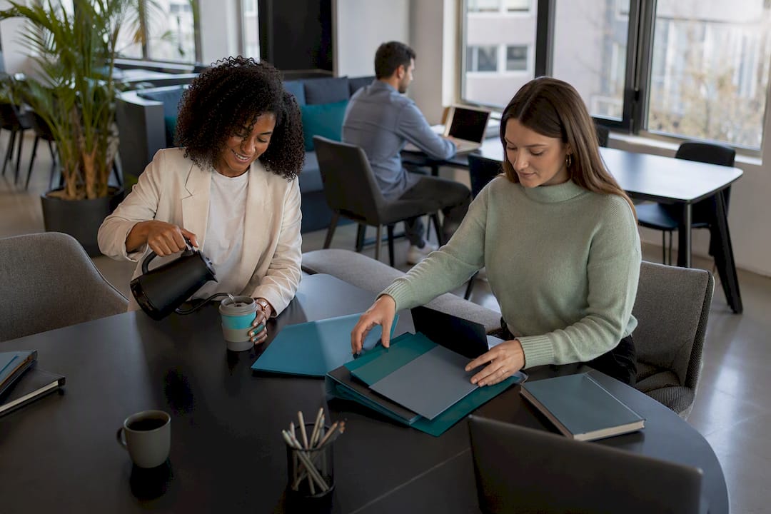 Coworking space with remote workers and coffee rituals