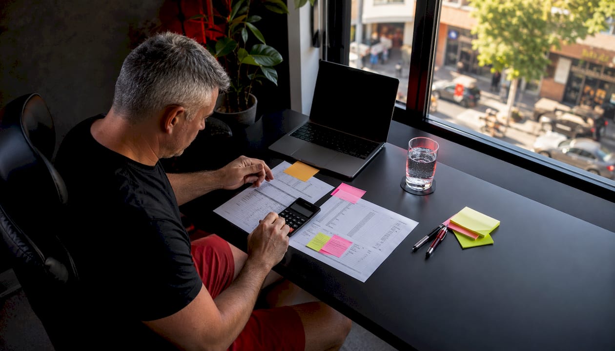 Man budgeting femdom site subscriptions at kitchen table