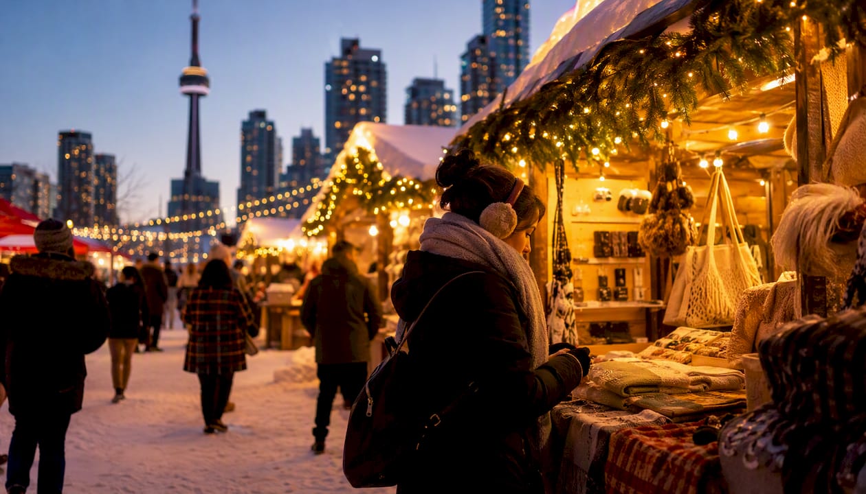 Toronto winter festival market at dusk
