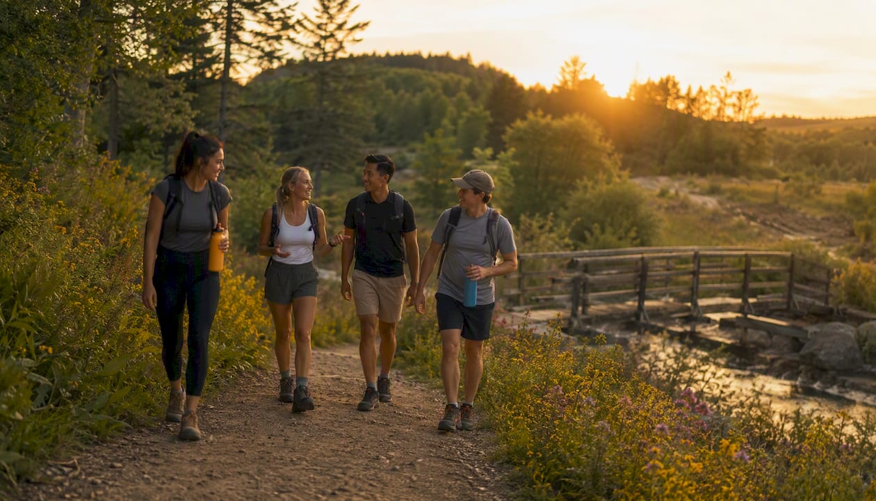 Hikers on a scenic nature trail near Toronto at golden hour