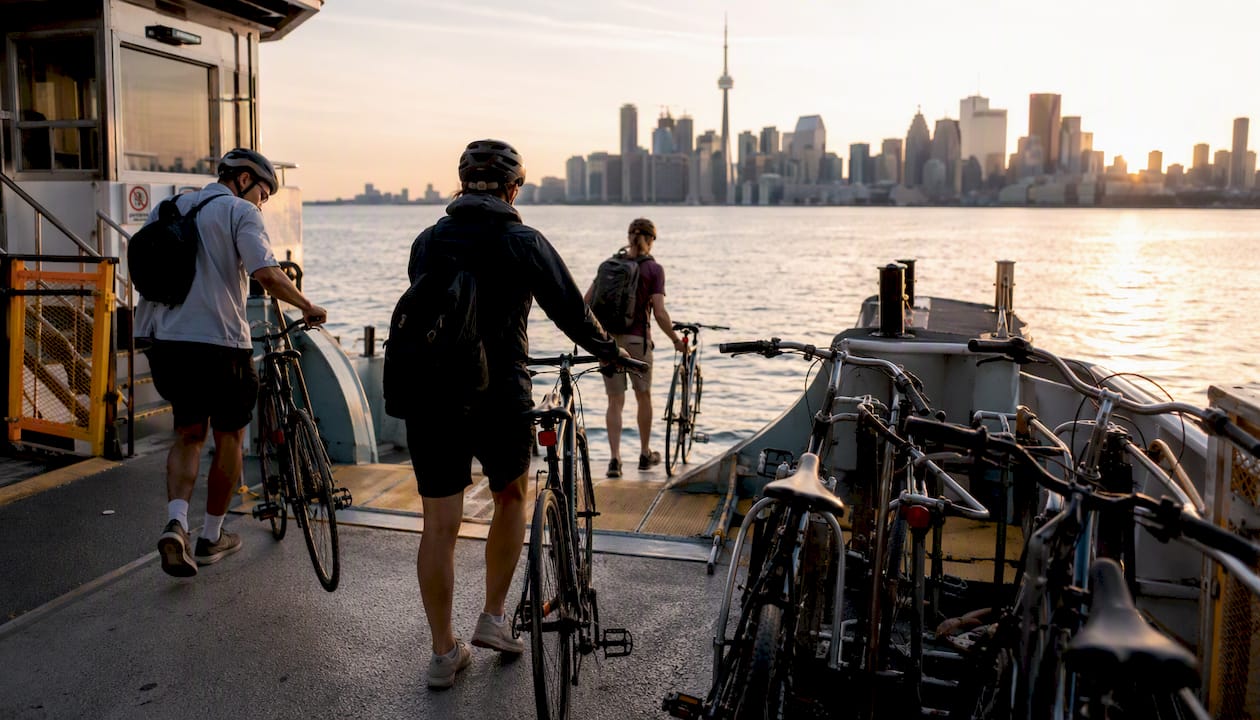 Cyclists boarding Toronto Islands ferry with city skyline