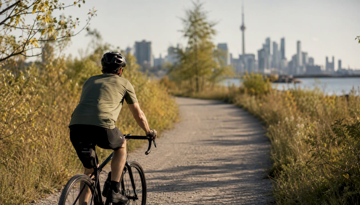 Bike trail in Tommy Thompson Park with city skyline