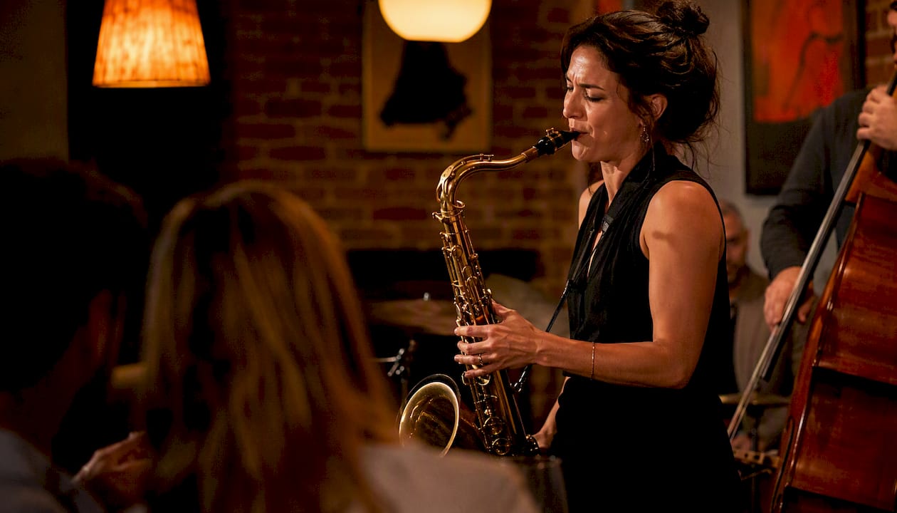 Saxophonist playing live jazz in club