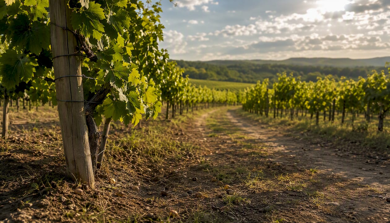 Sunlit vineyard rows in Prince Edward County