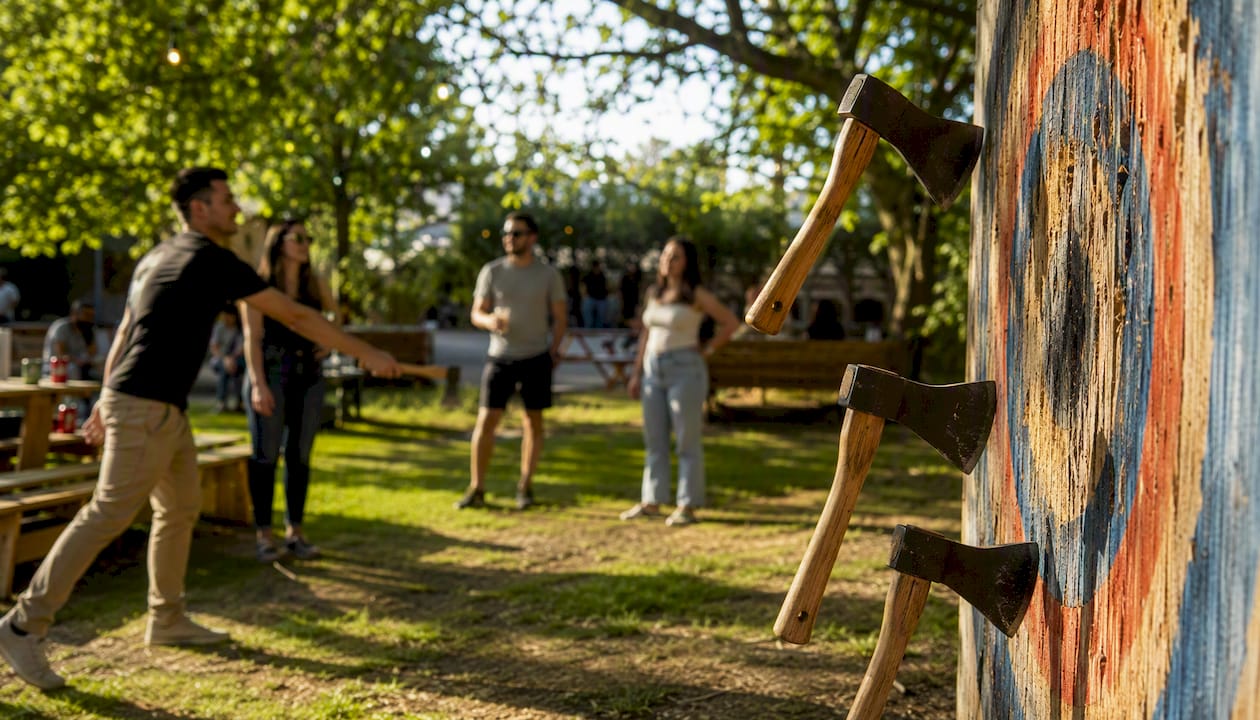 Axes embedded in wooden target at outdoor venue