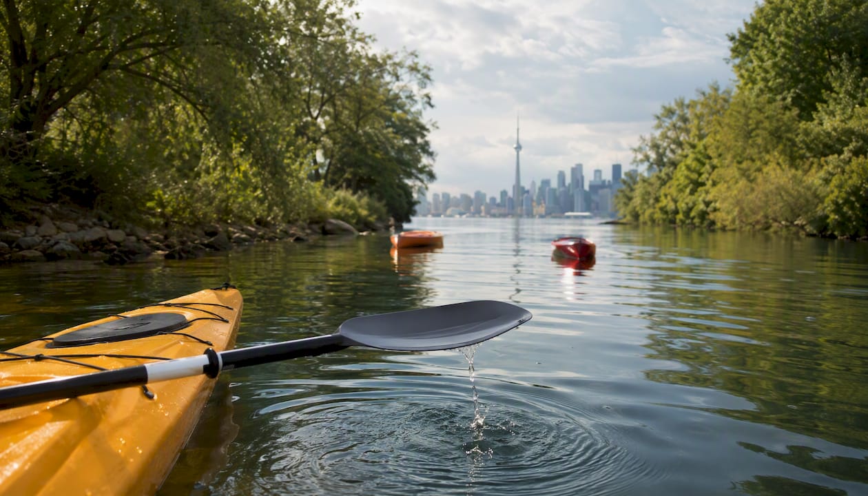 Kayaking paddle with Toronto skyline background